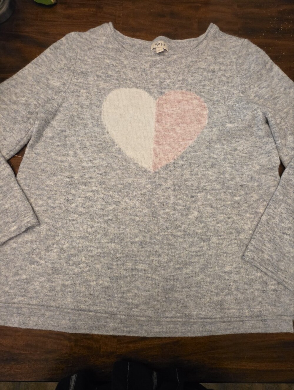 Style & Co. Heather Grey Pullover Knit Sweater with Blush Pink Heart – Size L